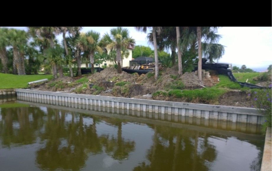 Completed seawall from canal view, Palm Coast FL